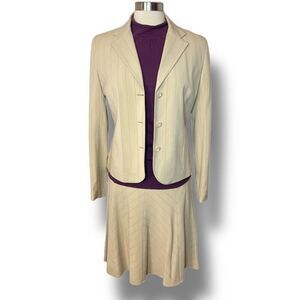 VINTAGE SHARAGANO ATELIER Beige w/ Purple Pinstripe‎ Skirt Suit, Size 8